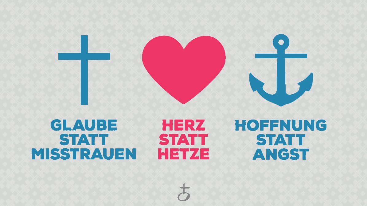 Banner Glaube statt Misstrauen - Herz statt Hetze - Hoffnung statt Angst mit Kreuz, Herz und Anker