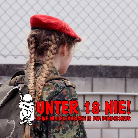 Junge Soldatin von hinten mit Logo unten "Unter 18 nie!"